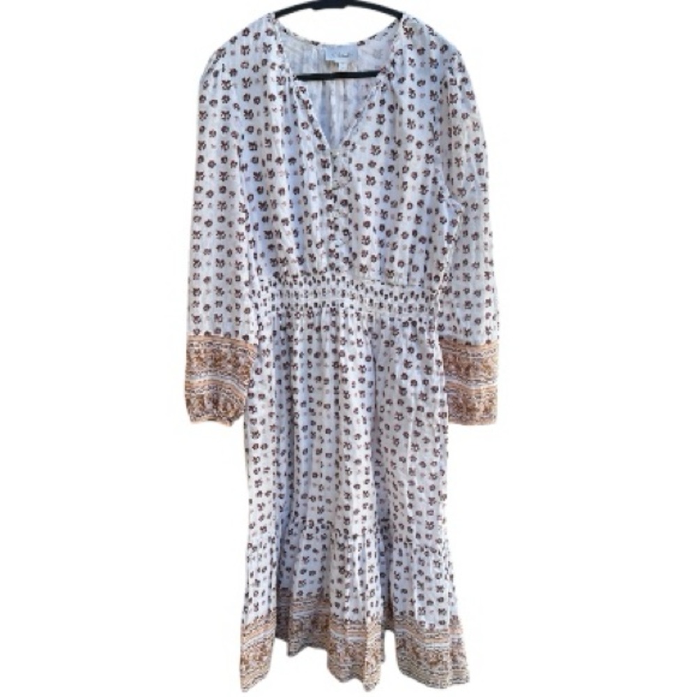 Cleobella Floral Long Sleeve Dress in white and brown 100% cotton Sz XL - Picture 2 of 9